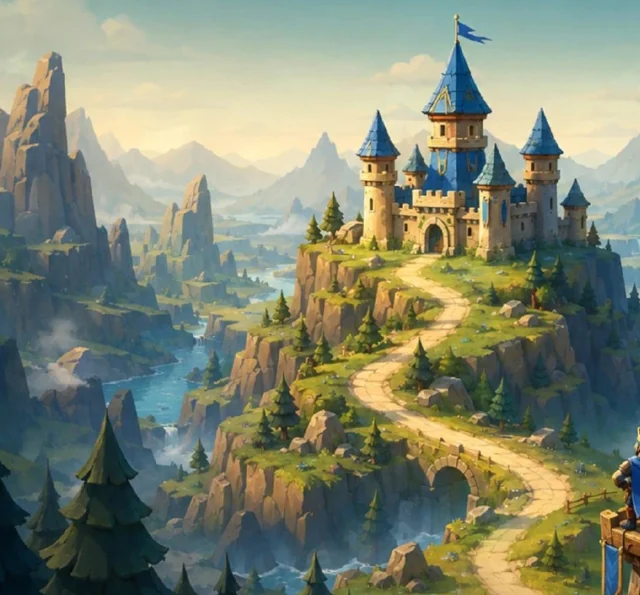 A blue-roofed castle above a sunlit valley with mountains and a winding stone path